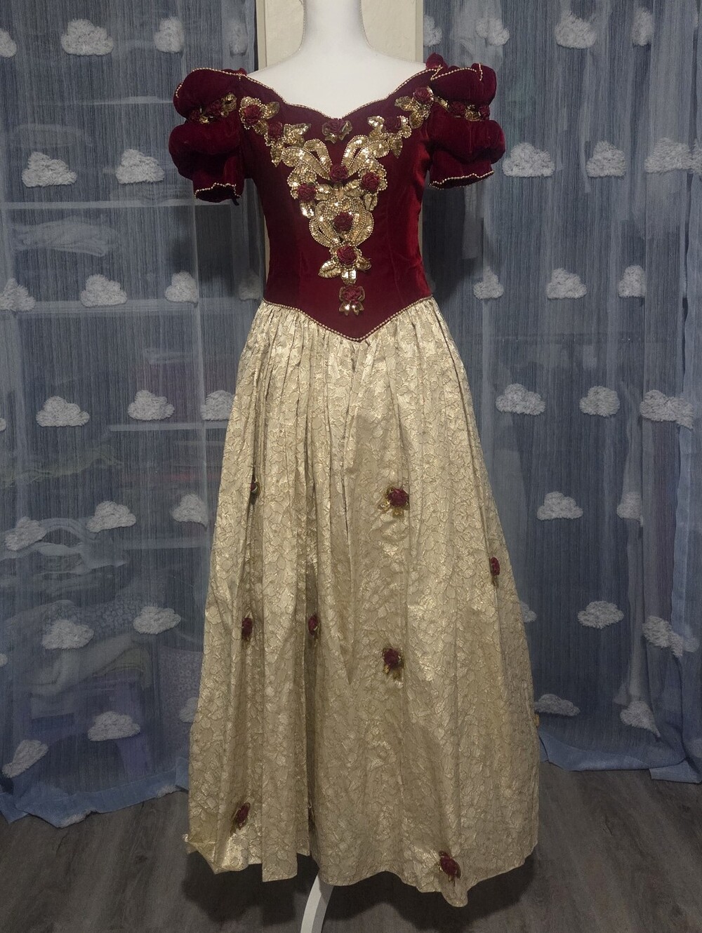 Vintage 1980s Custom-Made Red & Gold Rose Off Shoulder Formal/Bridesmaid Dress